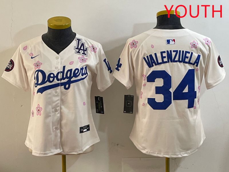 Youth Los Angeles Dodgers #34 Valenzuela Cream Sakura Edition 2025 Nike MLB Jersey style 4->youth mlb jersey->Youth Jersey
